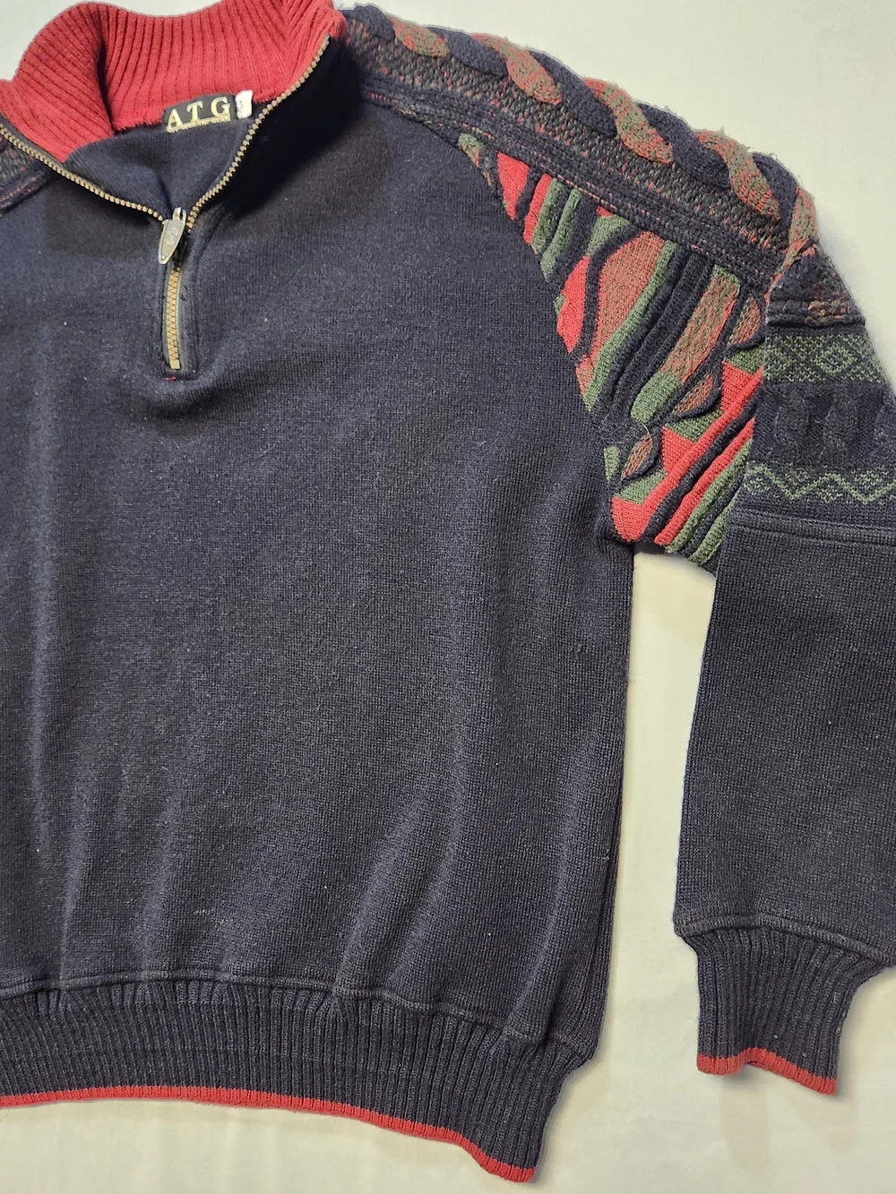 ATG All Terrain Gear 1/4 Zip Sweater Crochet 3D Knit Coogie Sleeves Men's S Y2K